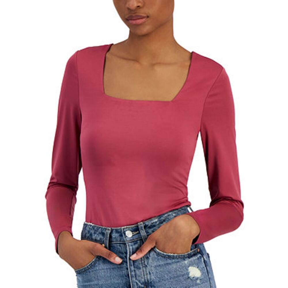Crave Fame Juniors Raspberry Pink Long Sleeve Square Neck Bodysuit, Size Medium